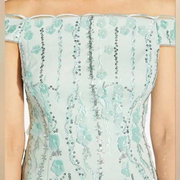 Adrianna Papell Embroidered Off Shoulder Tailored Dress, Sea Glass size 16P new - Picture 13 of 13